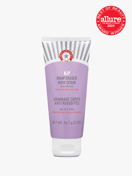 First Aid Beauty KP Bump Eraser Body Scrub in branded component on a light gray background with best of beauty seal in the top right corner
